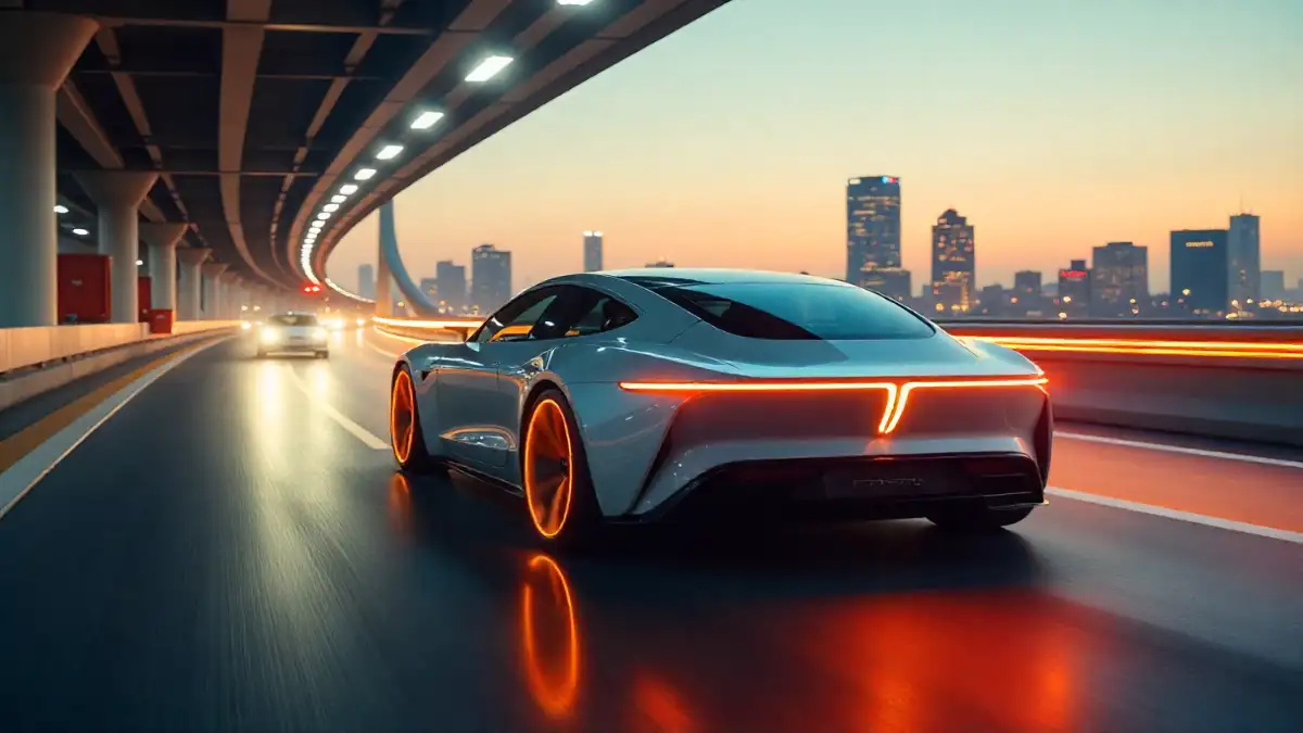 Battery Electric Vehicle on highway with futuristic design