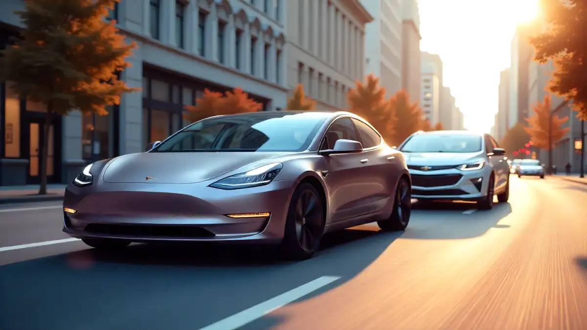 Modern lineup of electric vehicles including Tesla Model 3, Nissan Leaf, and Chevrolet Bolt