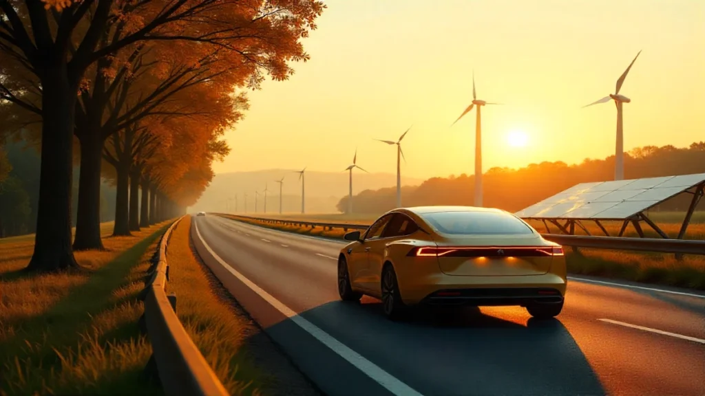 Futuristic EV batteries connected to solar panels and wind turbines, representing renewable energy storage.