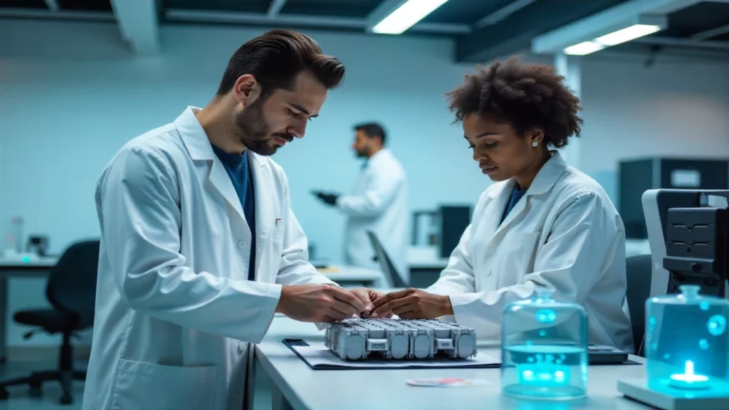 Scientists analyzing next-generation electric vehicle batteries in a futuristic laboratory with holographic displays.
