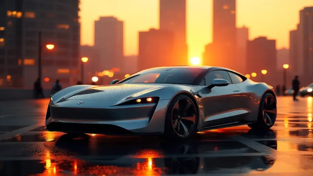 A modern electric car in a futuristic city at sunset with neon reflections, highlighting eco-friendly and sustainable transportation.