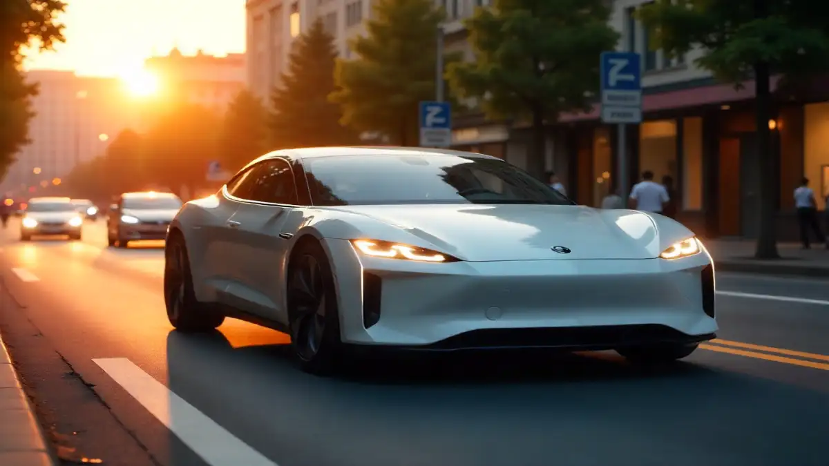 Hybrid electric vehicle on city road at sunrise