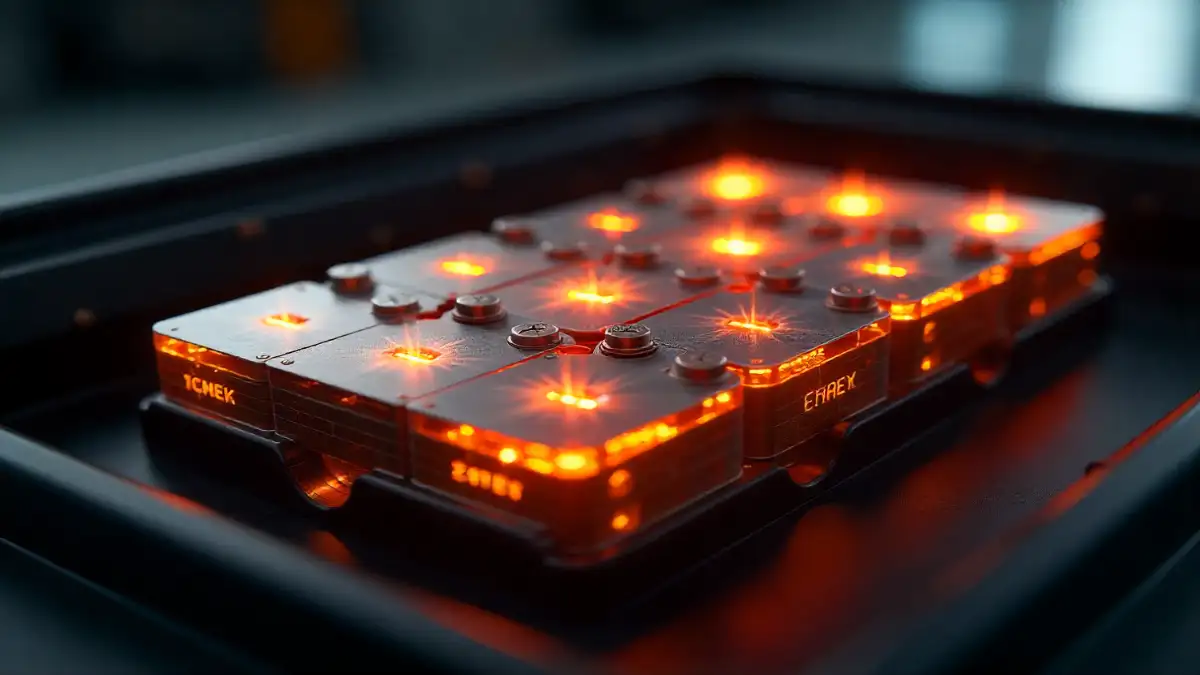 Futuristic electric vehicle battery pack with glowing cells