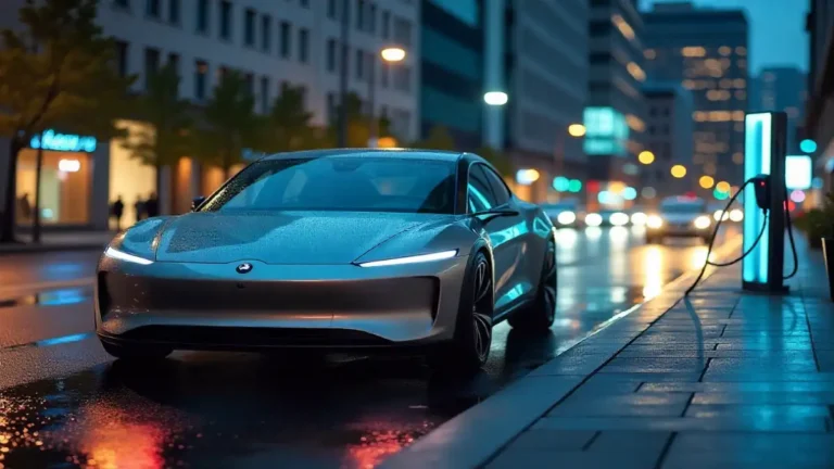 Futuristic electric vehicle charging in a modern city.