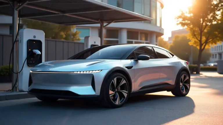 Electric vehicle charging at a solar-powered station in a futuristic city.