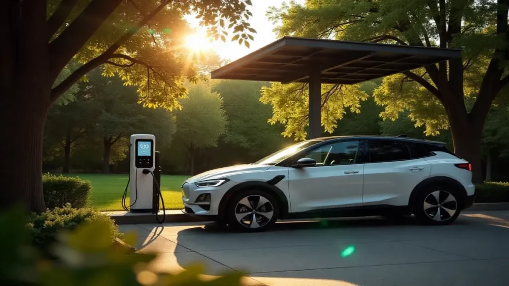 Electric car charging under a solar-powered station surrounded by greenery