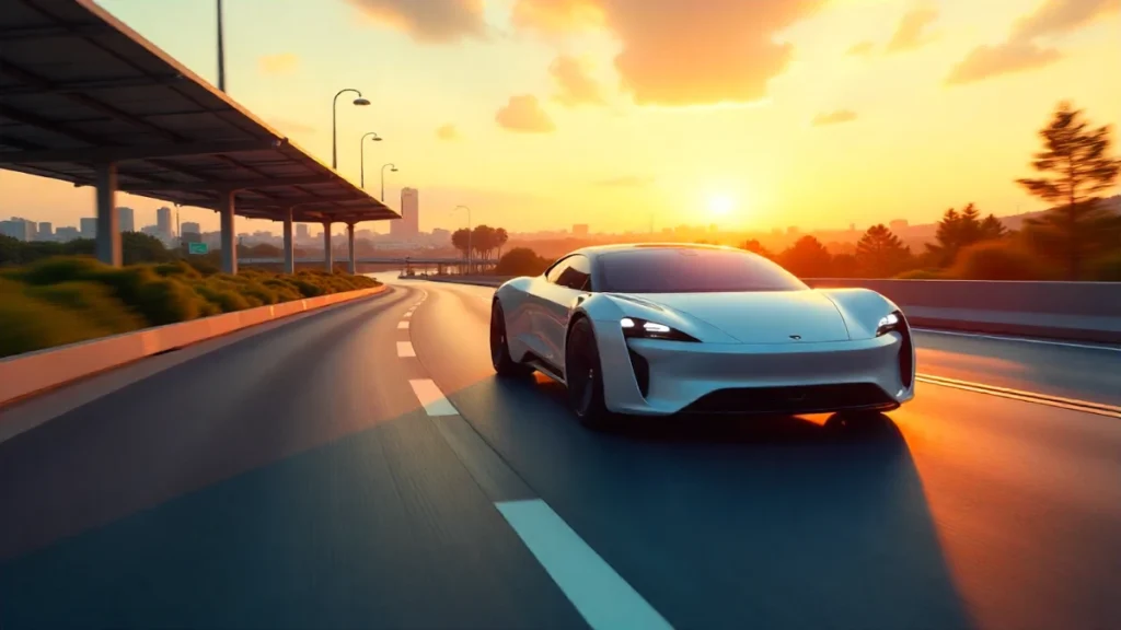 Futuristic electric vehicle driving on a modern highway with eco-friendly cityscape at sunset, highlighting sustainability and innovation.