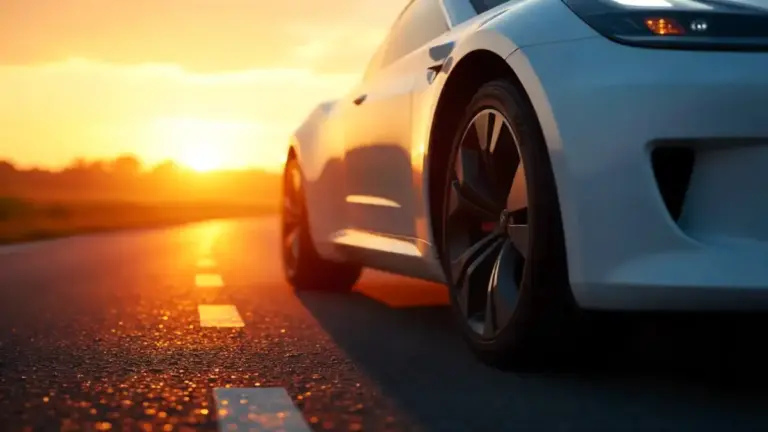Close-up of EV tire tread on a sleek electric car at sunset