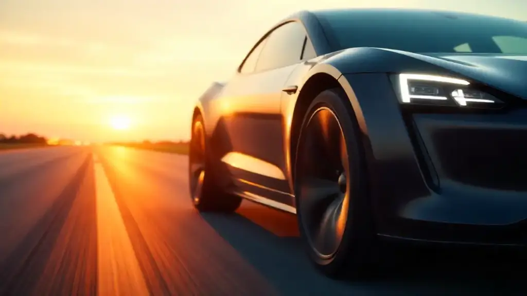 Close-up of electric car tires on highway at sunset