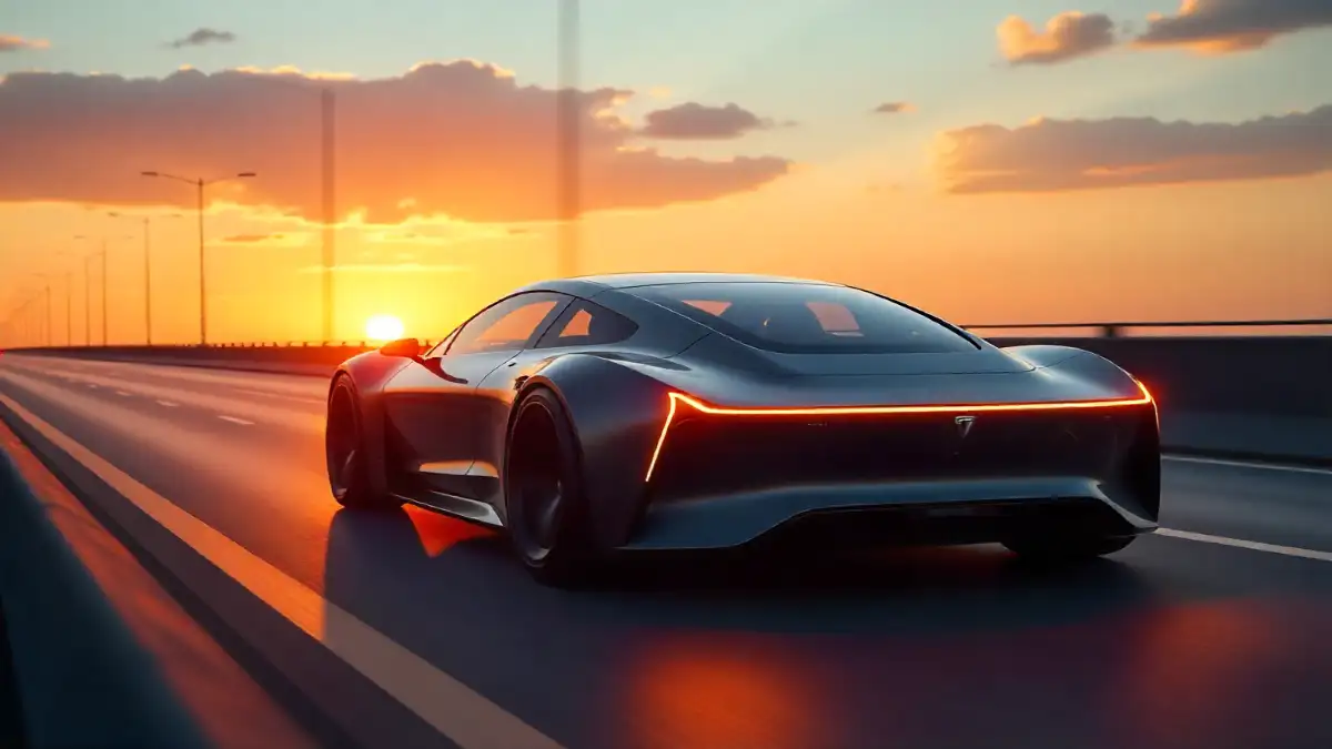 Electric car driving safely with futuristic sensors on highway