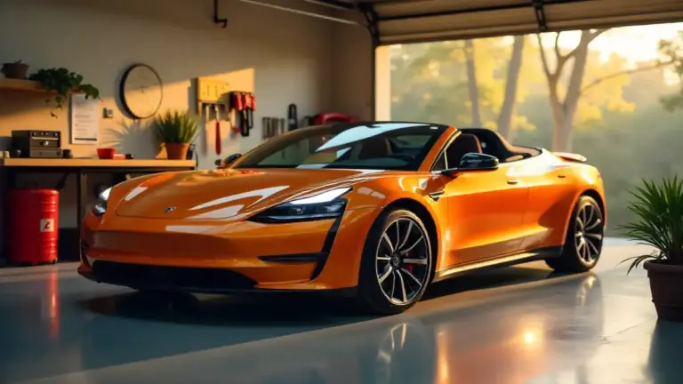 Sleek electric car in garage with battery icon and maintenance receipt