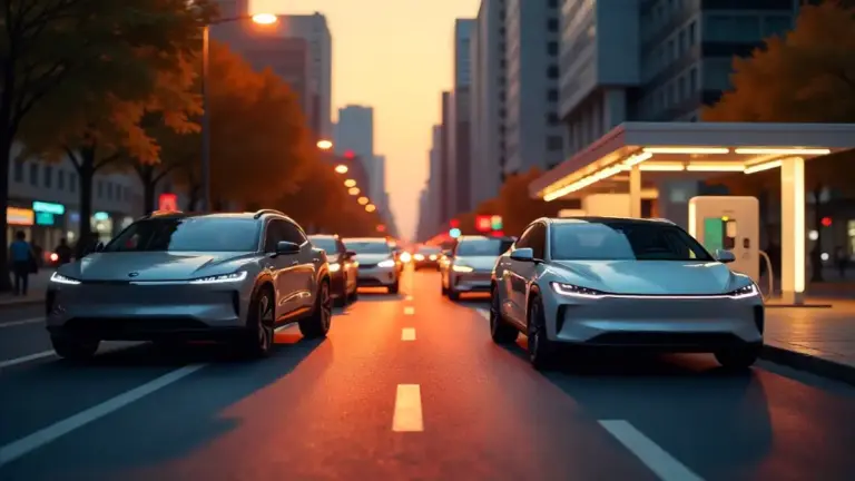 uturistic electric cars charging and swapping batteries on a city street