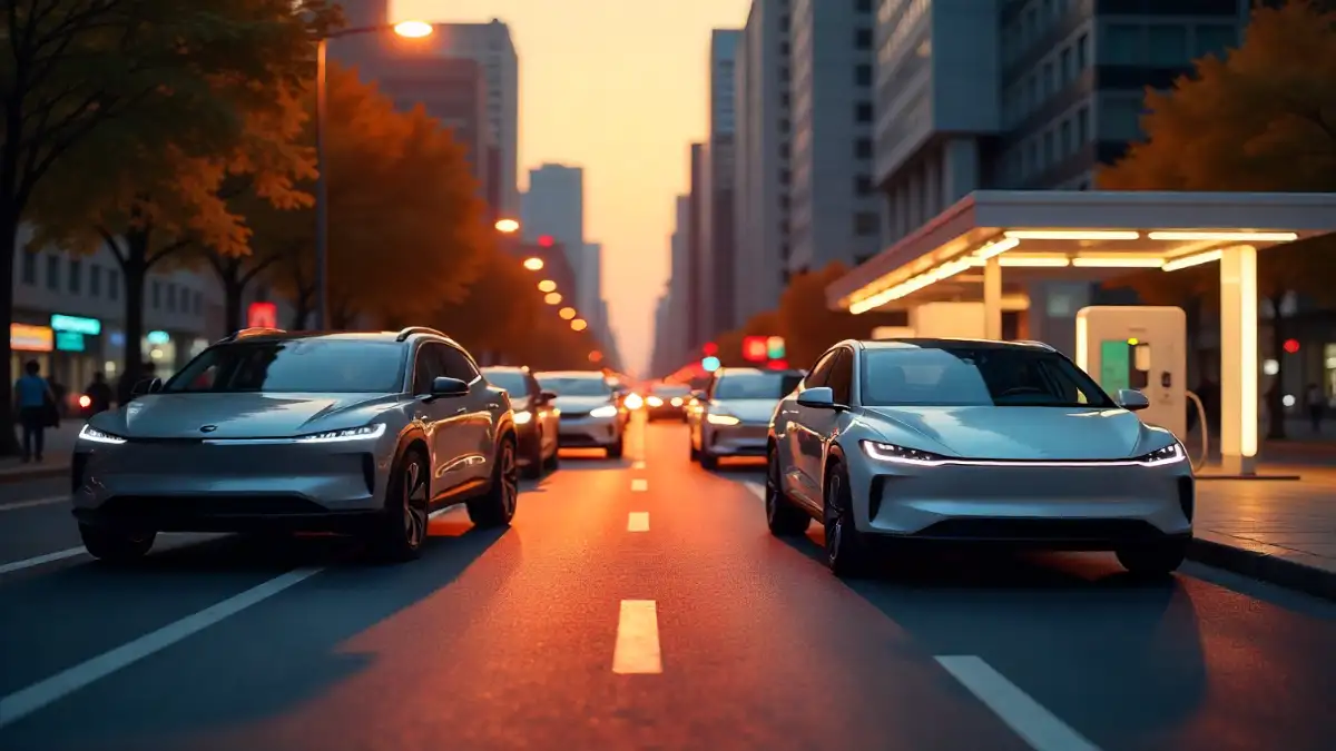 uturistic electric cars charging and swapping batteries on a city street