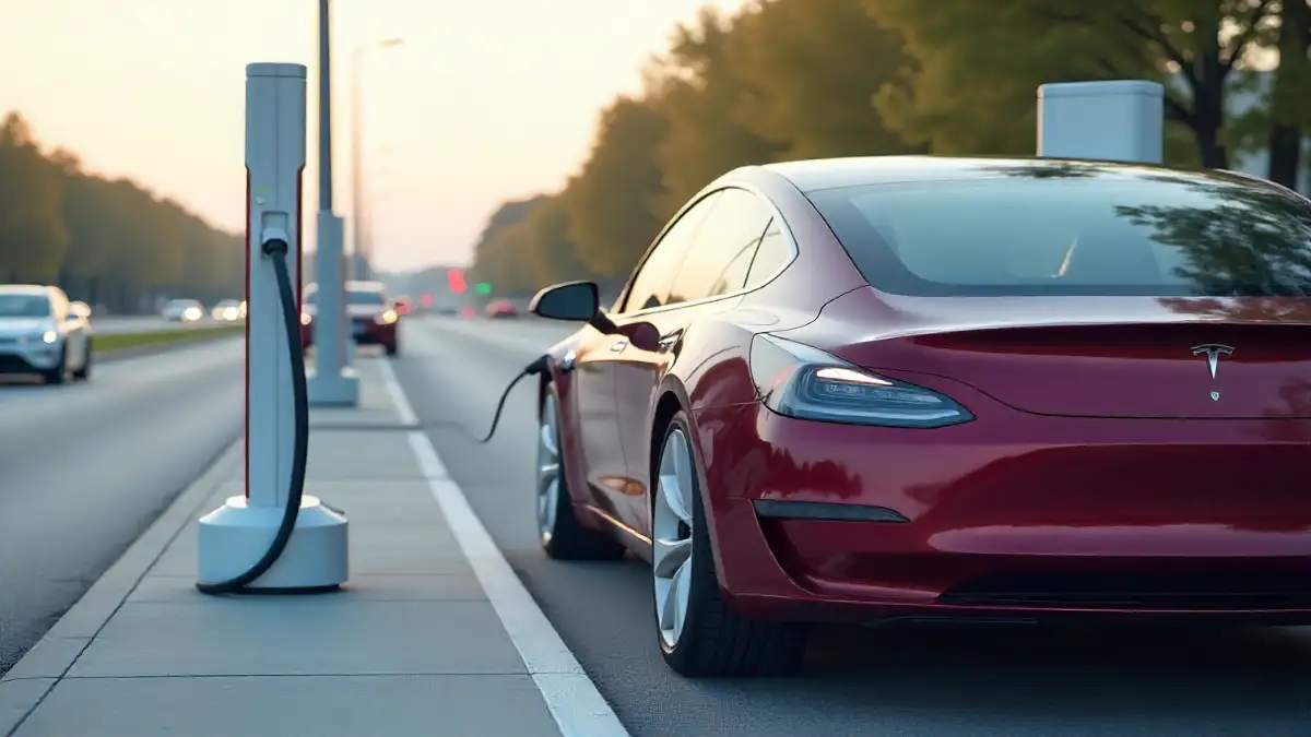 Electric car charging station with Tesla and CCS adapters