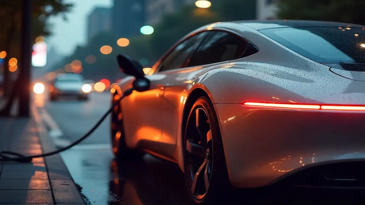 Electric car charging at modern station