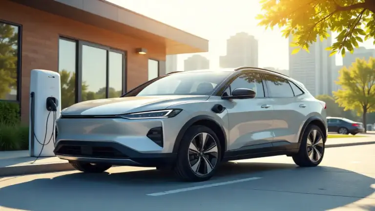 Electric SUV charging at home with city skyline