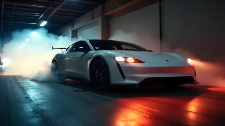 Modern electric performance car launching from a garage, low-angle shot