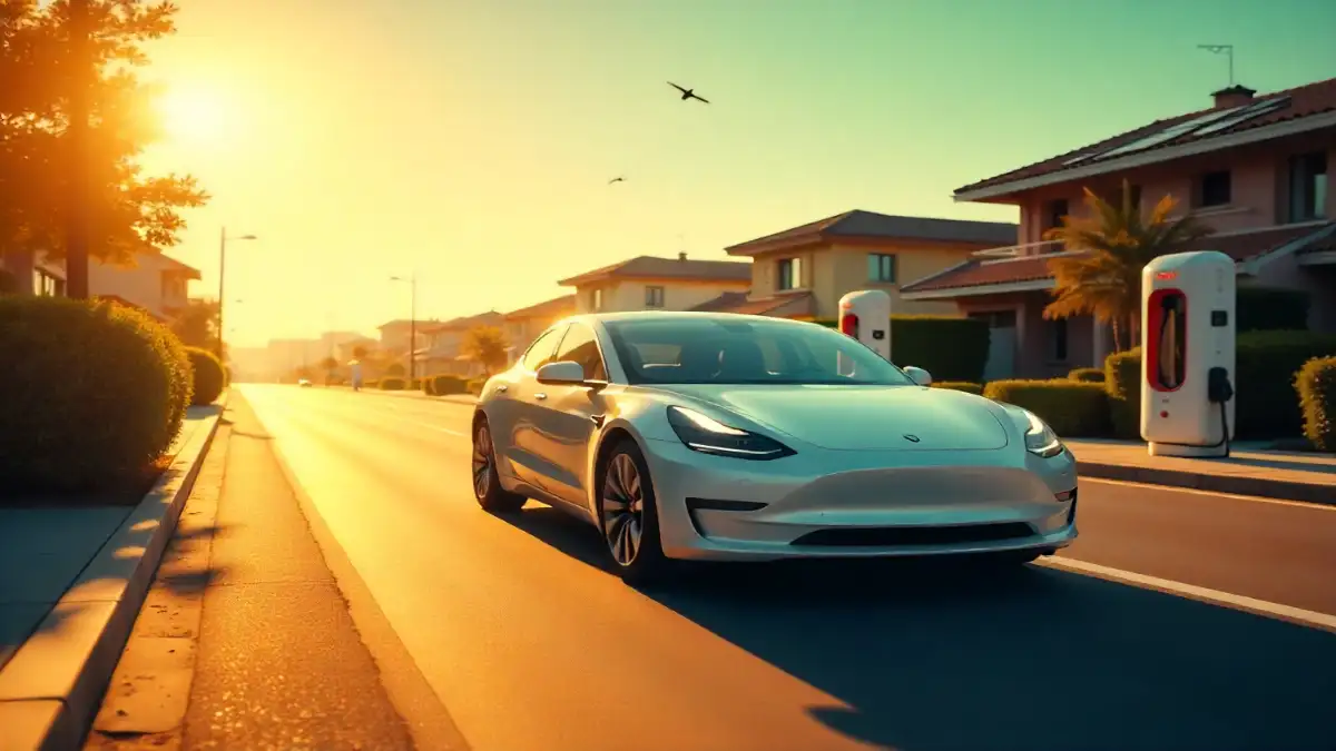 Electric car in green city with solar panels and EV charging station