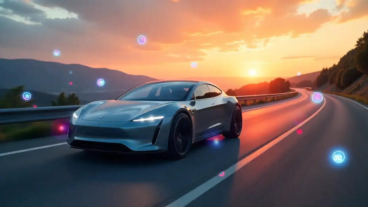 Modern electric car with advanced battery technology driving long distance