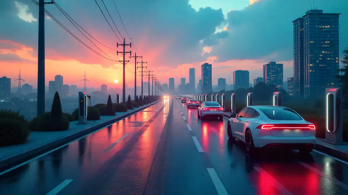 Futuristic city with EVs charging at smart stations connected to the power grid.