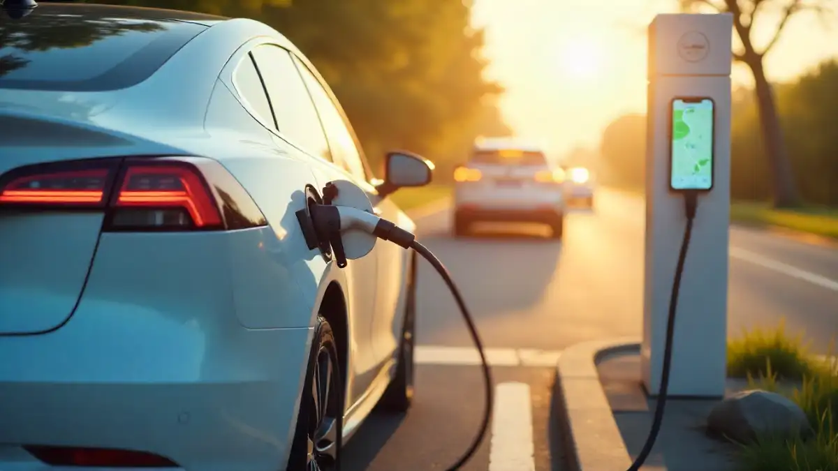 Electric car charging at public station with smartphone app navigation