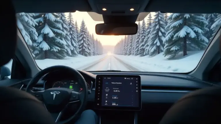 Electric car in snowy winter morning with low battery