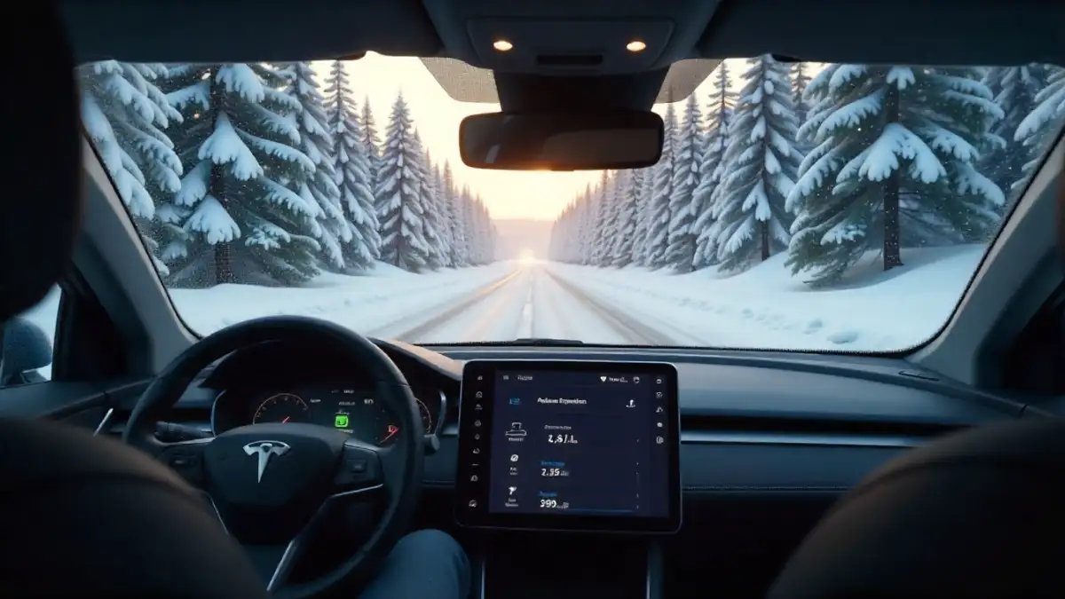 Electric car in snowy winter morning with low battery