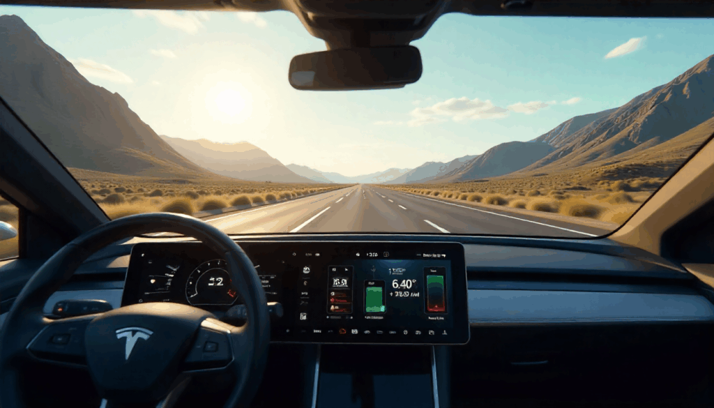Electric car on highway with visible battery range and charging stations