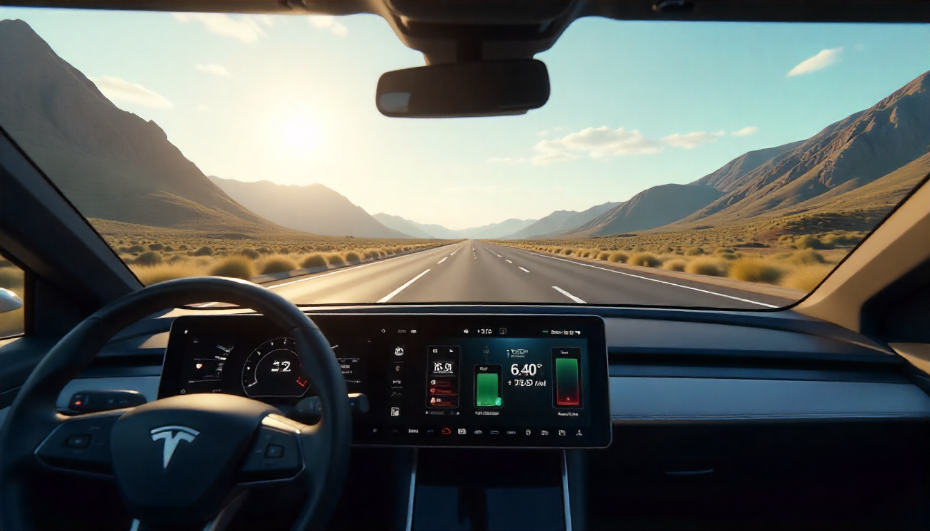Electric car on highway with visible battery range and charging stations