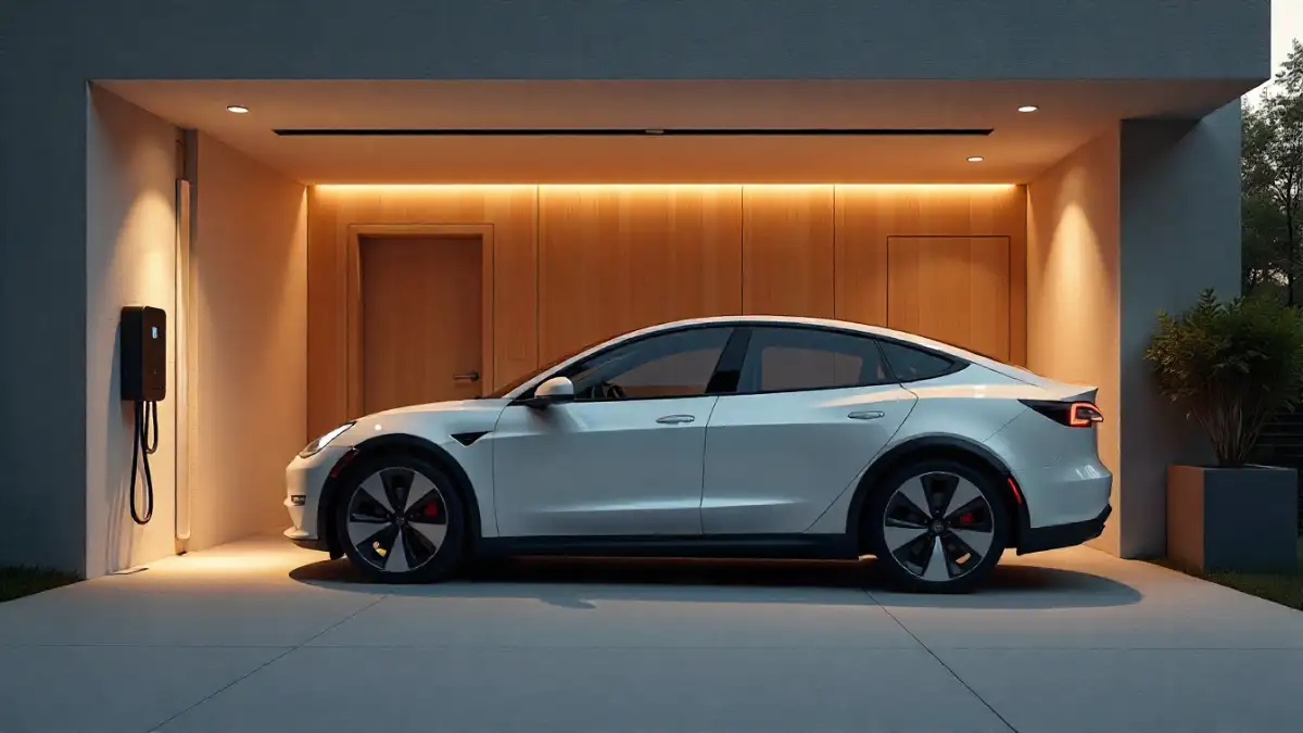 Home electric car charger installation in modern garage