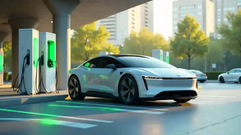 Electric car charging at modern EV station under sunlight