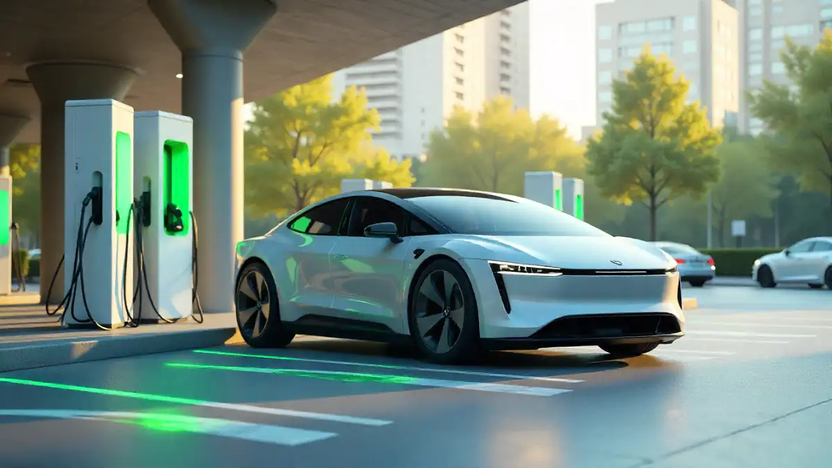 Electric car charging at modern EV station under sunlight