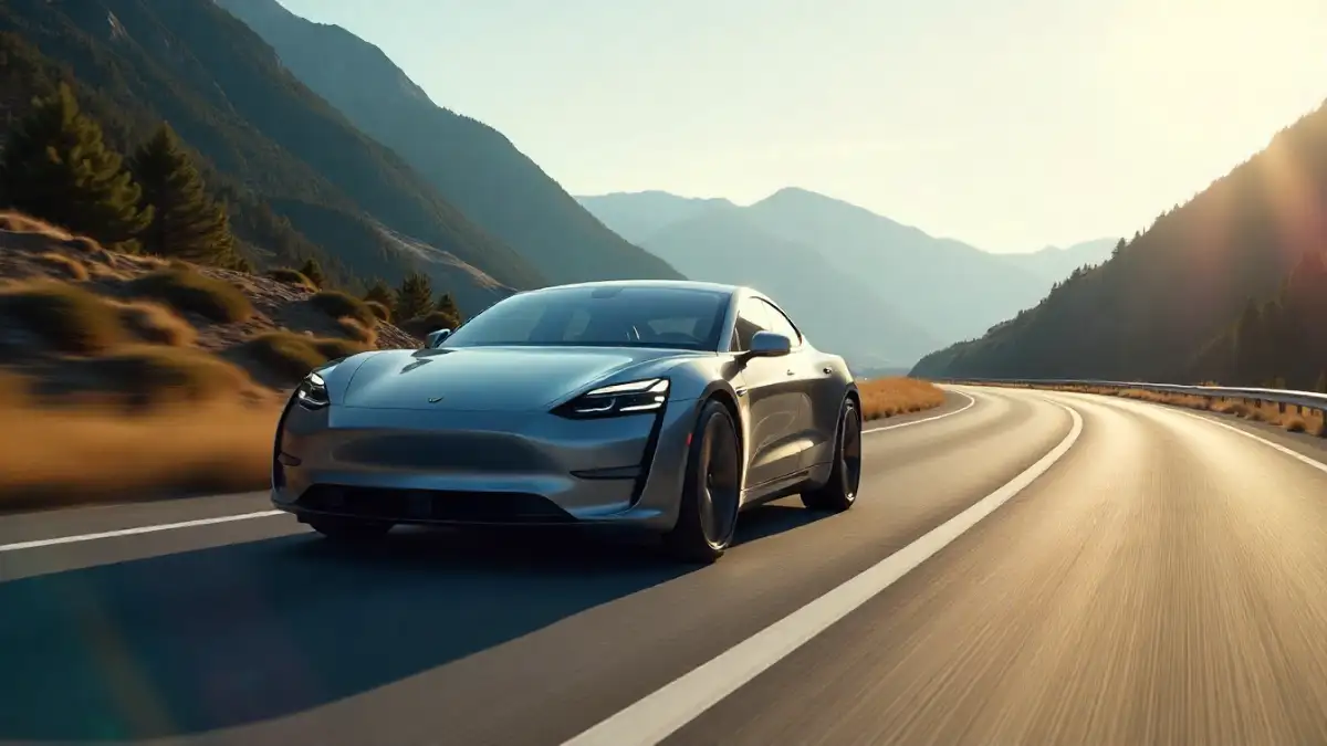 Electric car with eco-friendly tires on a scenic road