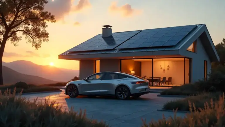 Electric car parked at home with solar panels showing long-term cost savings.