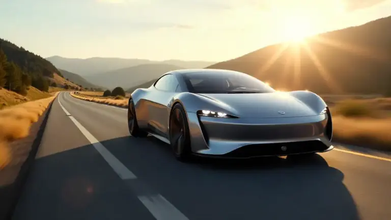 Electric car on scenic road demonstrating efficient driving habits
