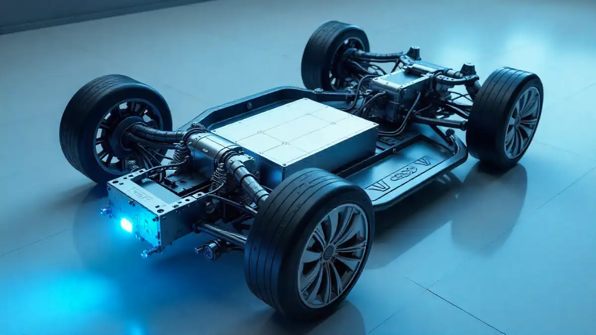 Diagram illustrating the relationship between a large EV battery pack (kWh) and a compact electric motor, emphasizing vehicle weight and energy density.
