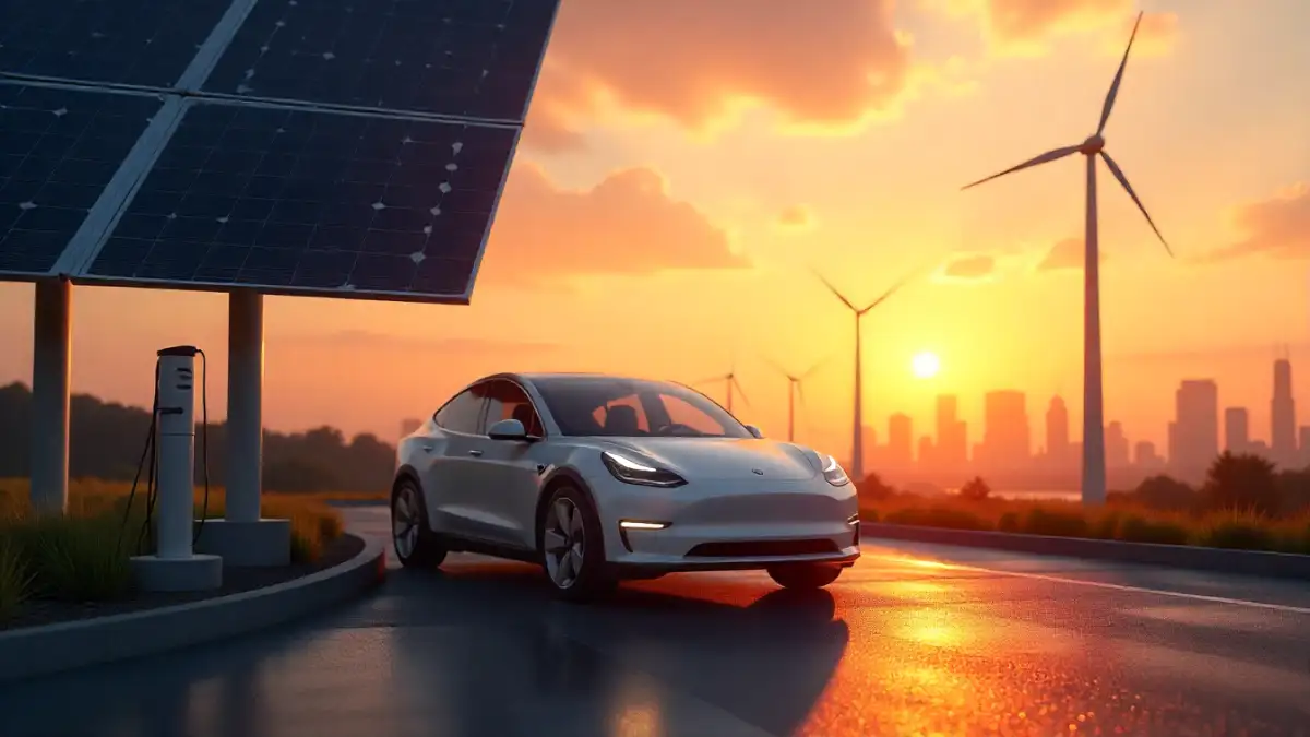Electric car charging with renewable solar and wind energy.