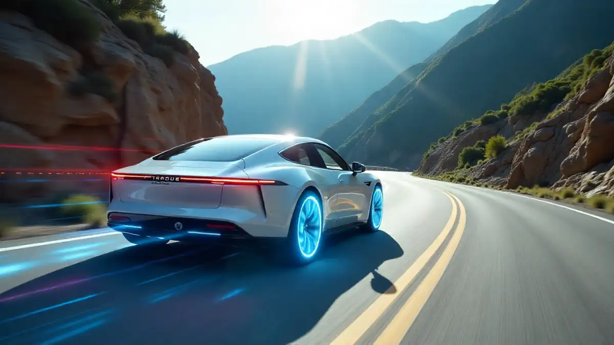 Electric car regenerating energy while braking on a road