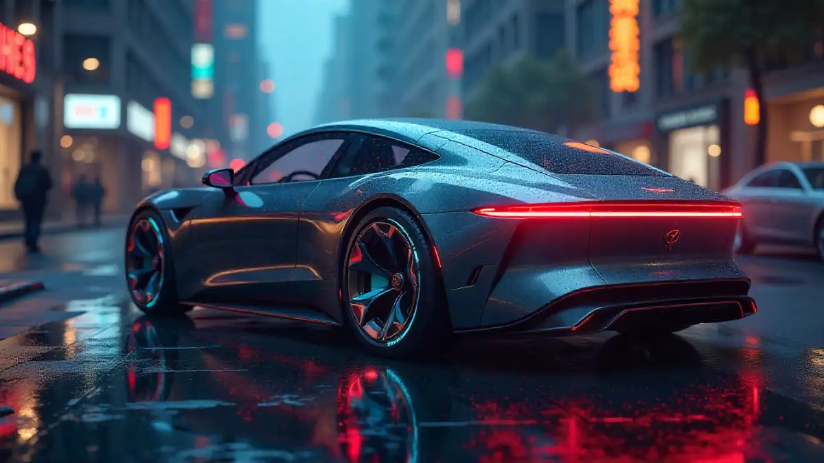 Futuristic electric vehicle battery with glowing energy cells in a modern cityscape.
