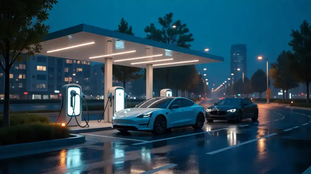 Electric car charging at a futuristic smart grid station