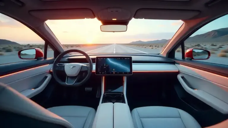 Futuristic electric vehicle interior featuring a large touchscreen, ambient lighting, and modern sustainable materials.