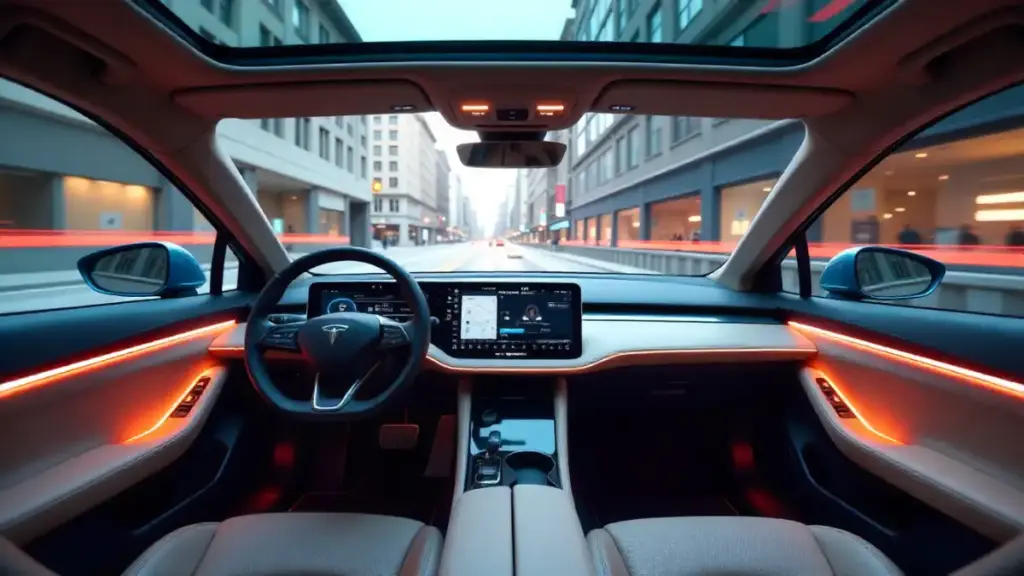 Futuristic electric vehicle interior with touchscreen, ambient lighting, and premium sustainable materials.