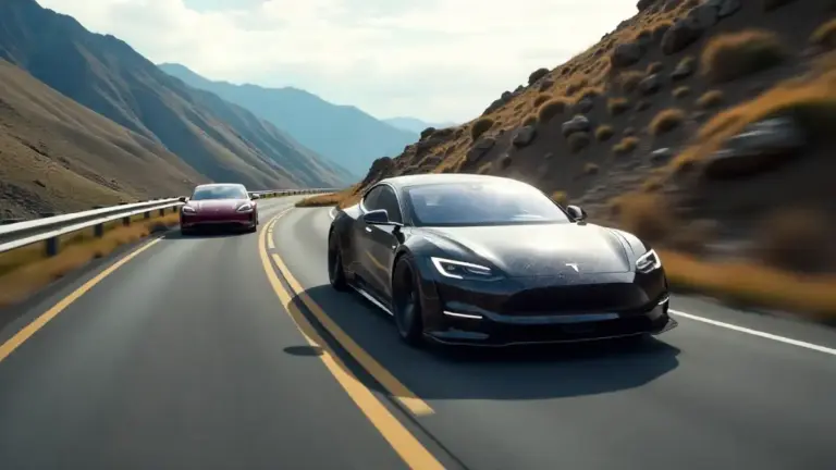 Electric performance cars racing – Tesla, Porsche Taycan, and Lucid Air on mountain road