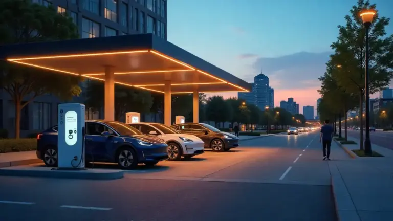 Electric vehicle charging hub at dusk with EVs plugged into Level 2 and DC fast chargers.
