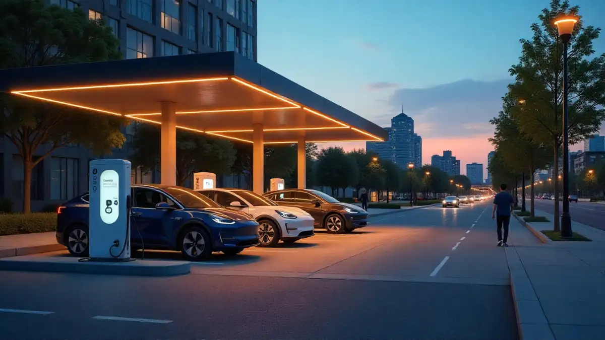 Electric vehicle charging hub at dusk with EVs plugged into Level 2 and DC fast chargers.