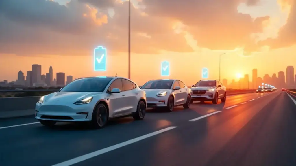 Lineup of electric cars on highway showing battery range icons above each vehicle.