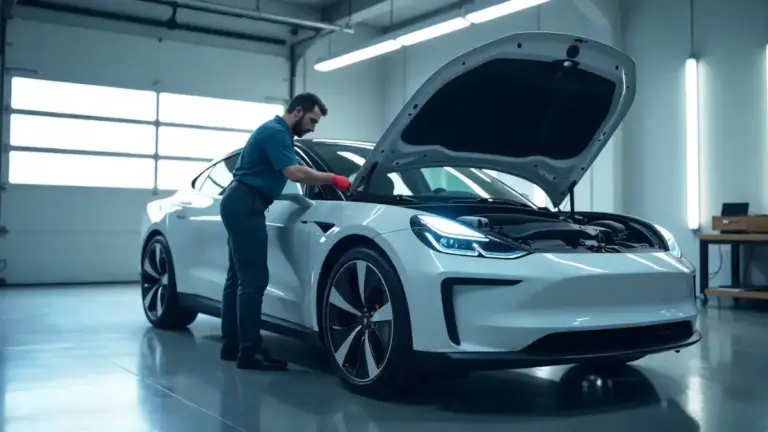 Electric car coolant maintenance check in a modern garage