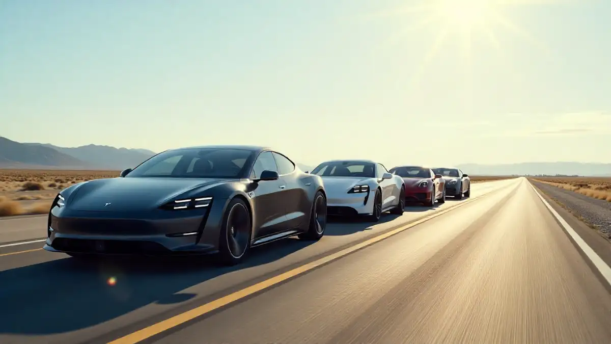 Electric car models comparison — Tesla, Porsche, Rivian, and more lined up on an open road.