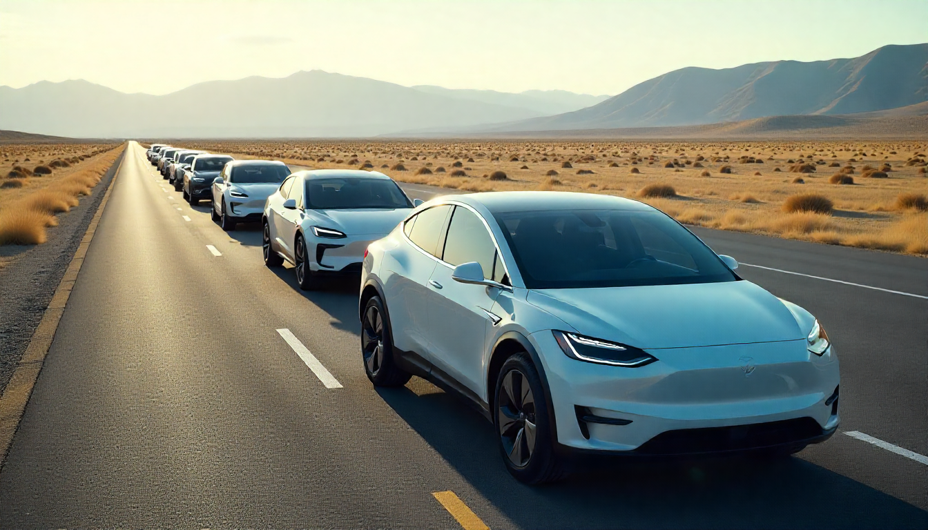 Top electric cars comparison lineup showing EV sedans, SUVs, and trucks on the road