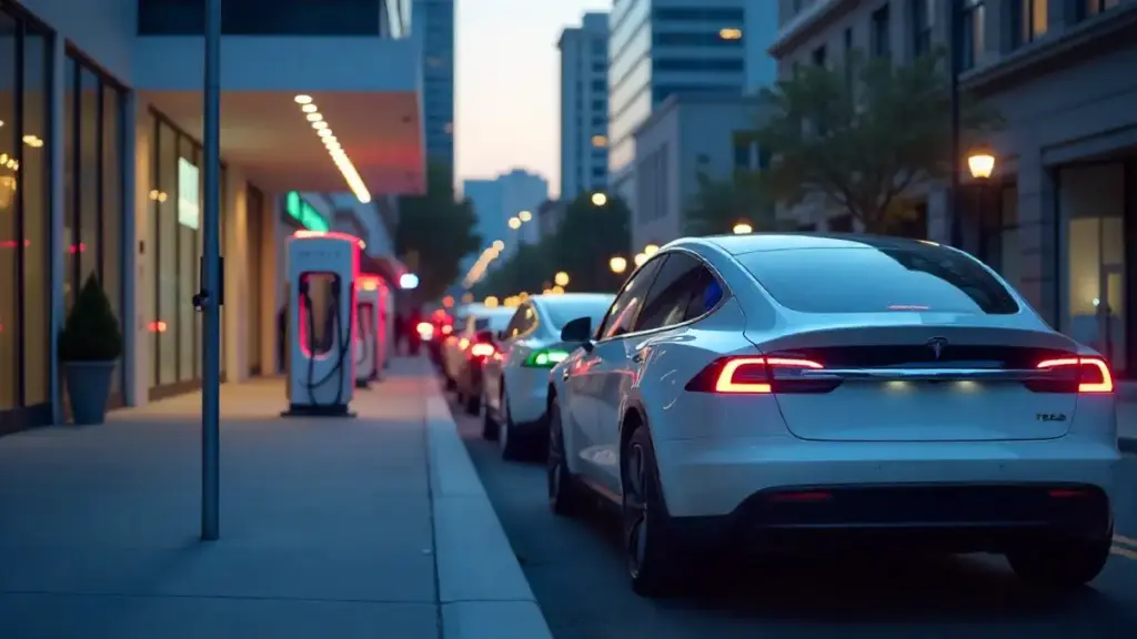 Electric cars charging at public fast-charging stations